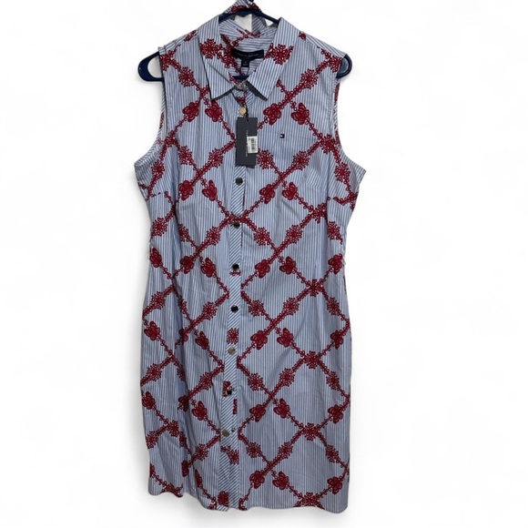 Tommy Hilfiger Cotton Shirt Dress Blue White Stripe Red Floral Size 14 Fall Dres - Picture 3 of 6